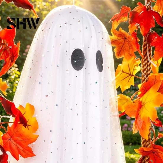 Geheimnisvolle Feiertagsfensterdekorationen Schwingender Geist Außen Dekoration, Große Halloween Hänge mit Ahornblatt Spukbaum Schmuck Ranken Lichter