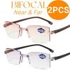 2Pcs Rimless Bifocal Progressive Reading Glasses Men Women Near And Far Anti-Blue Light Eyesglasses Rectangular Glasses Eyewear