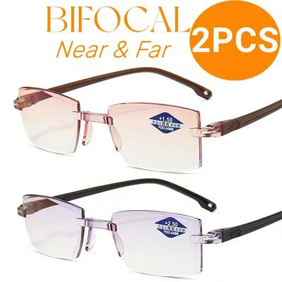 2Pcs Rimless Bifocal Progressive Reading Glasses Men Women Near And Far Anti-Blue Light Eyesglasses Rectangular Glasses Eyewear
