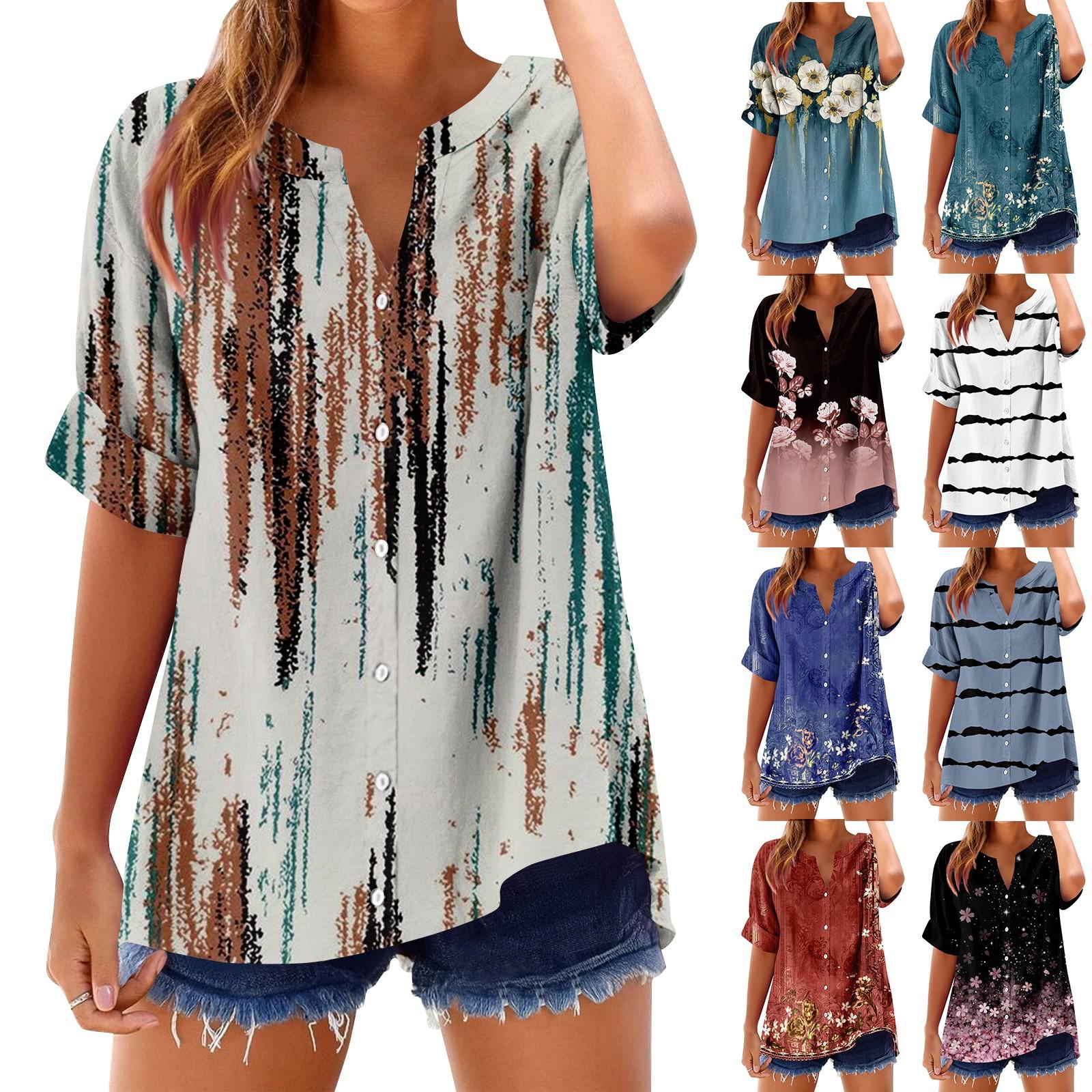 

Women s loose printed stand collar short-sleeved cotton and linen top M білий