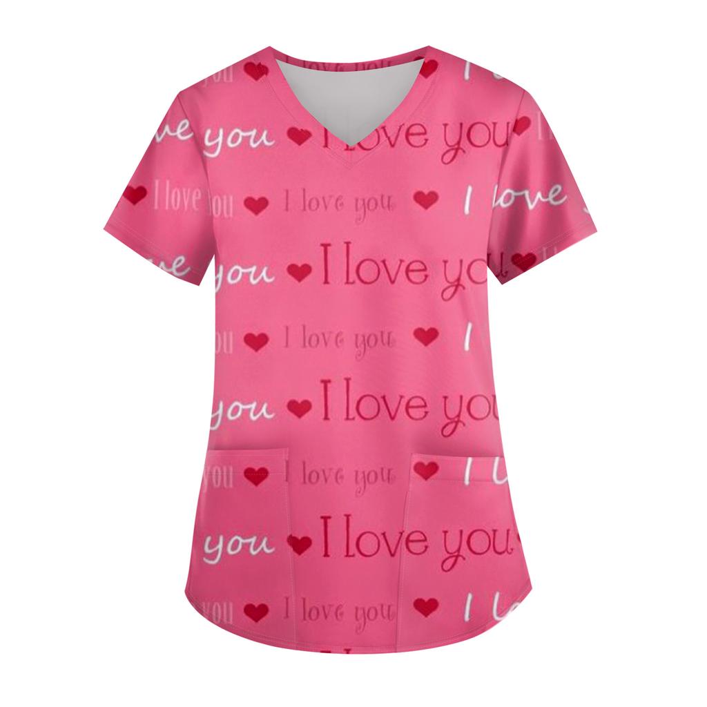Ladies' Valentine's Day Printed Fashionable V-neck Pocket Short Sleeved  Uniform And Caregiver Top