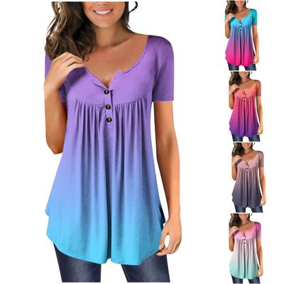 Kurzarm-T-Shirt-Oberteil für Damen mit V-Ausschnitt und Farbverlaufsdruck und Knöpfen und Blumen