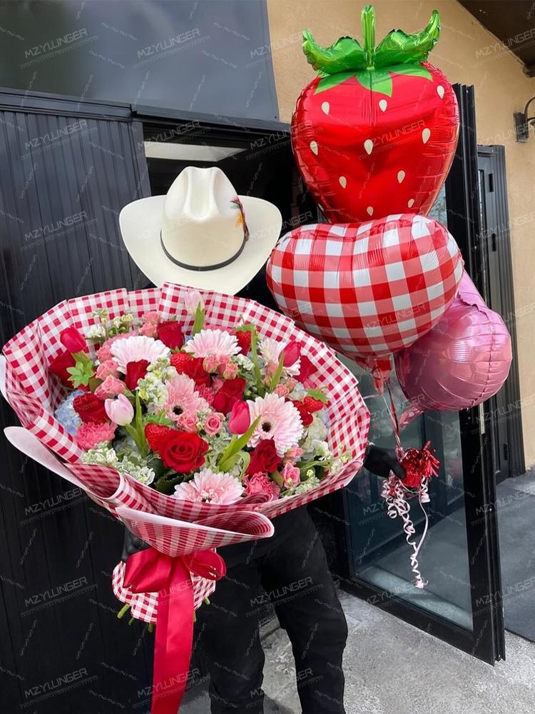 Strawberry Love Balloon Set Fruit Strawberry Shaped Balloon and Red Grid Love Balloon for Wedding Shower, Birthday Photo Props