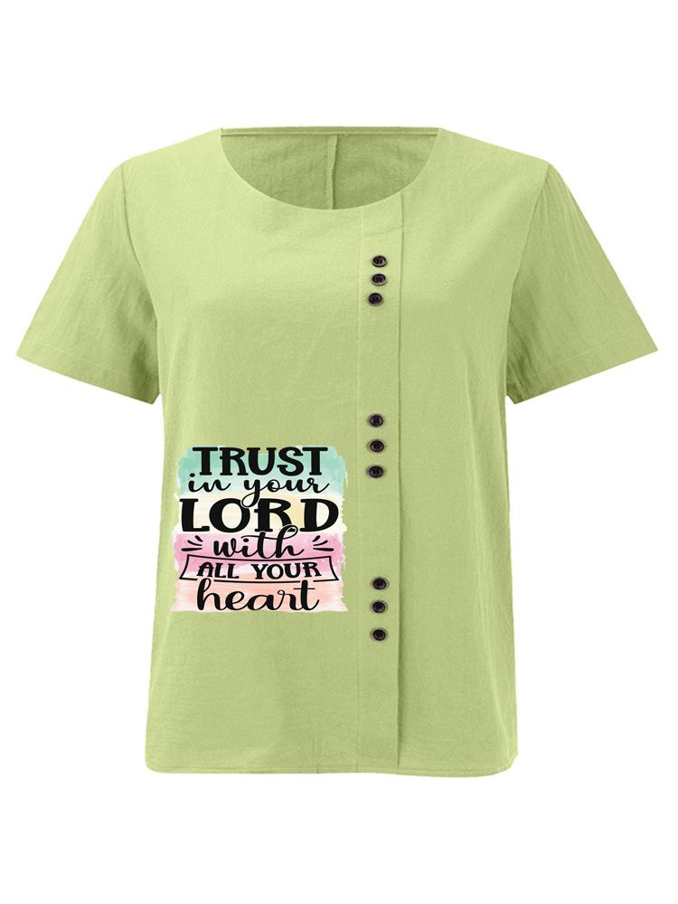 

Women s Fashion Letter Pattern Print Casual Cotton Linen Short Sleeve Round Neck T-shirt Shirt Leisure Loose Summer Blouse Tops 5XL зелений