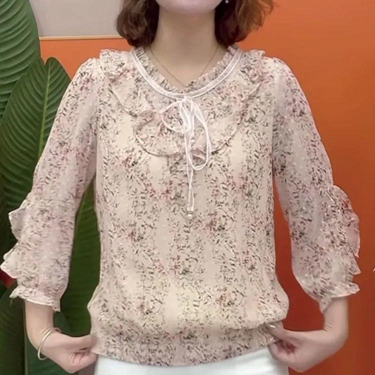 Women's Spring and Fall Long-sleeved Printed V-neck Shirt Loose Thin Ageing Blouse
