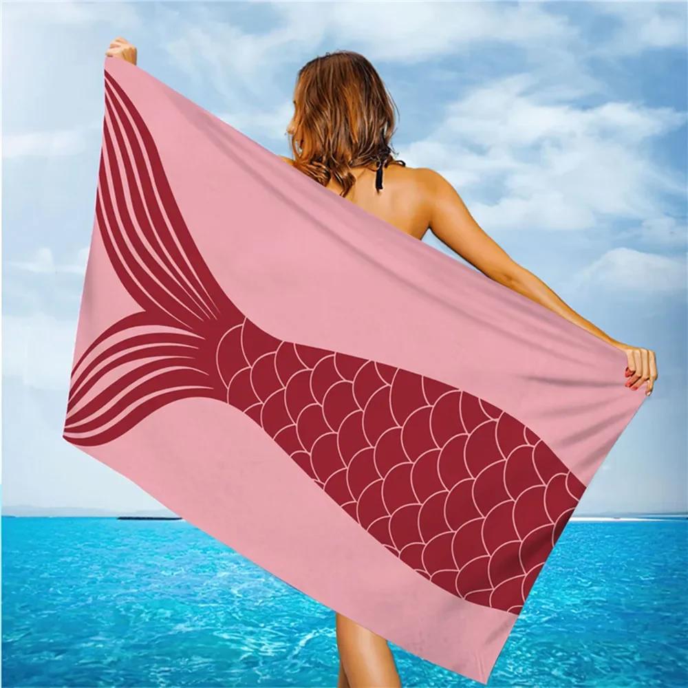 Outdoor Water Sports Beach Towel Mermaid Tail Fish Print Quick Drying Swimming Surf Towels Portable Travel Picnic Mat Women Gift