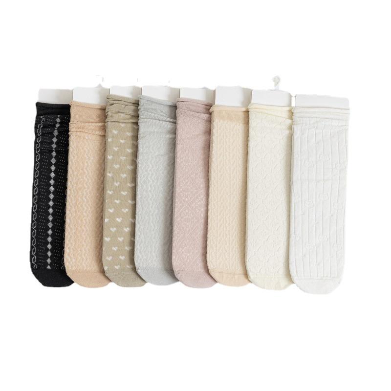 5/10 Pairs Comfortable Casual Spring Summer Solid Color Rolled Hem Pile Socks for Women Cute Mid Calf Socks Mesh Breathable Cotton Socks