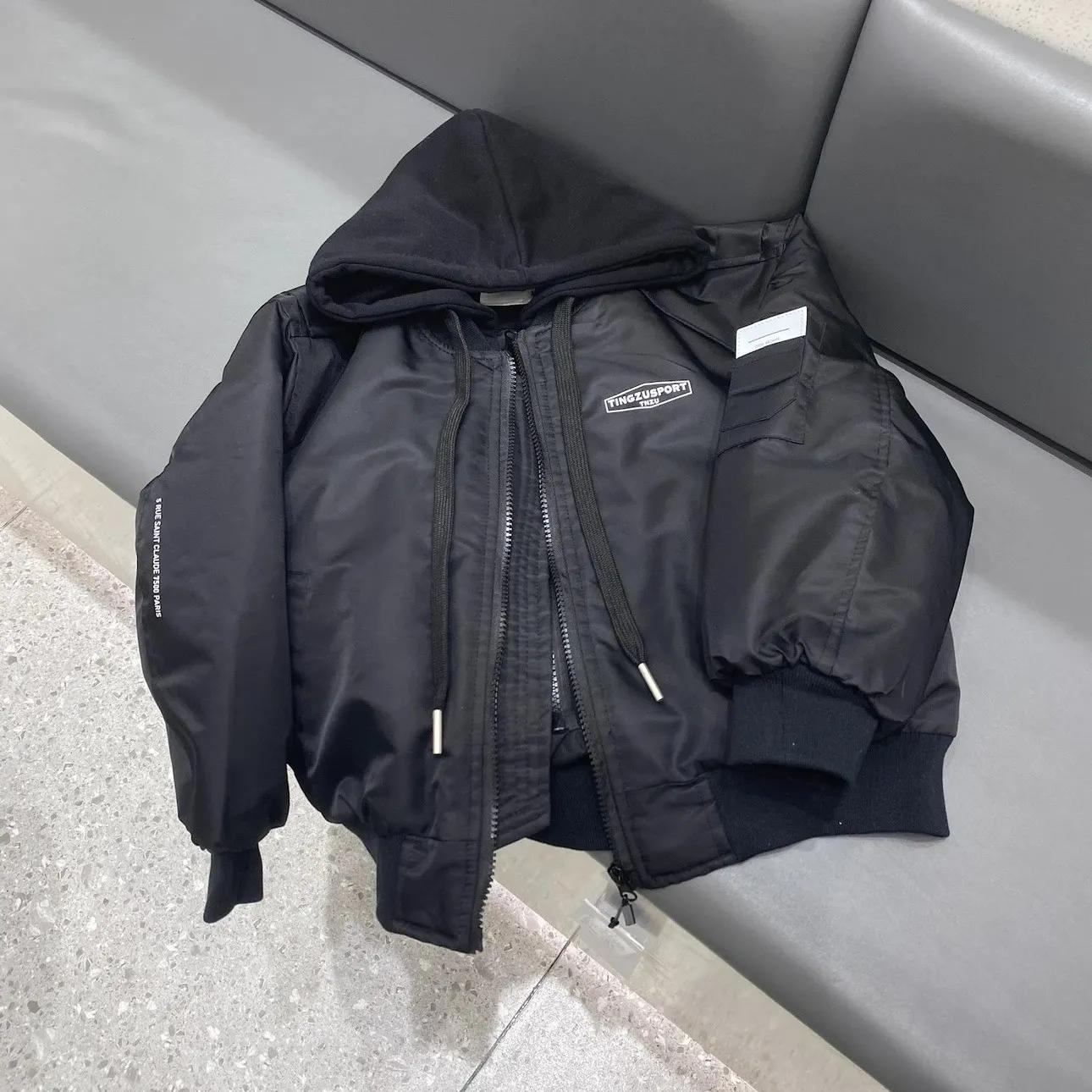 

Пальто весна-осень для мальчиков, верхняя одежда и пальто на молнии для подростков, бейсбольный костюм с капюшоном для мальчиков, поддельные два топа 130cm чёрный