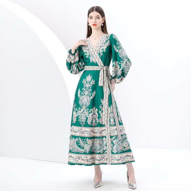 Spring Summer Women V-neck Big Size Vintage Print Lantern Sleeve Midi Lace-up Party Dresses Robe