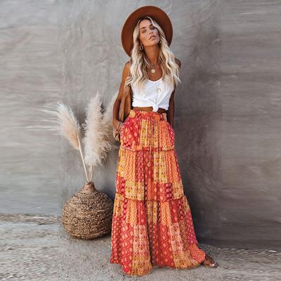 Women's Fashion Bohemian Print Elastic Waist Skirt Loose Casual High Waist Tie Long Skirt