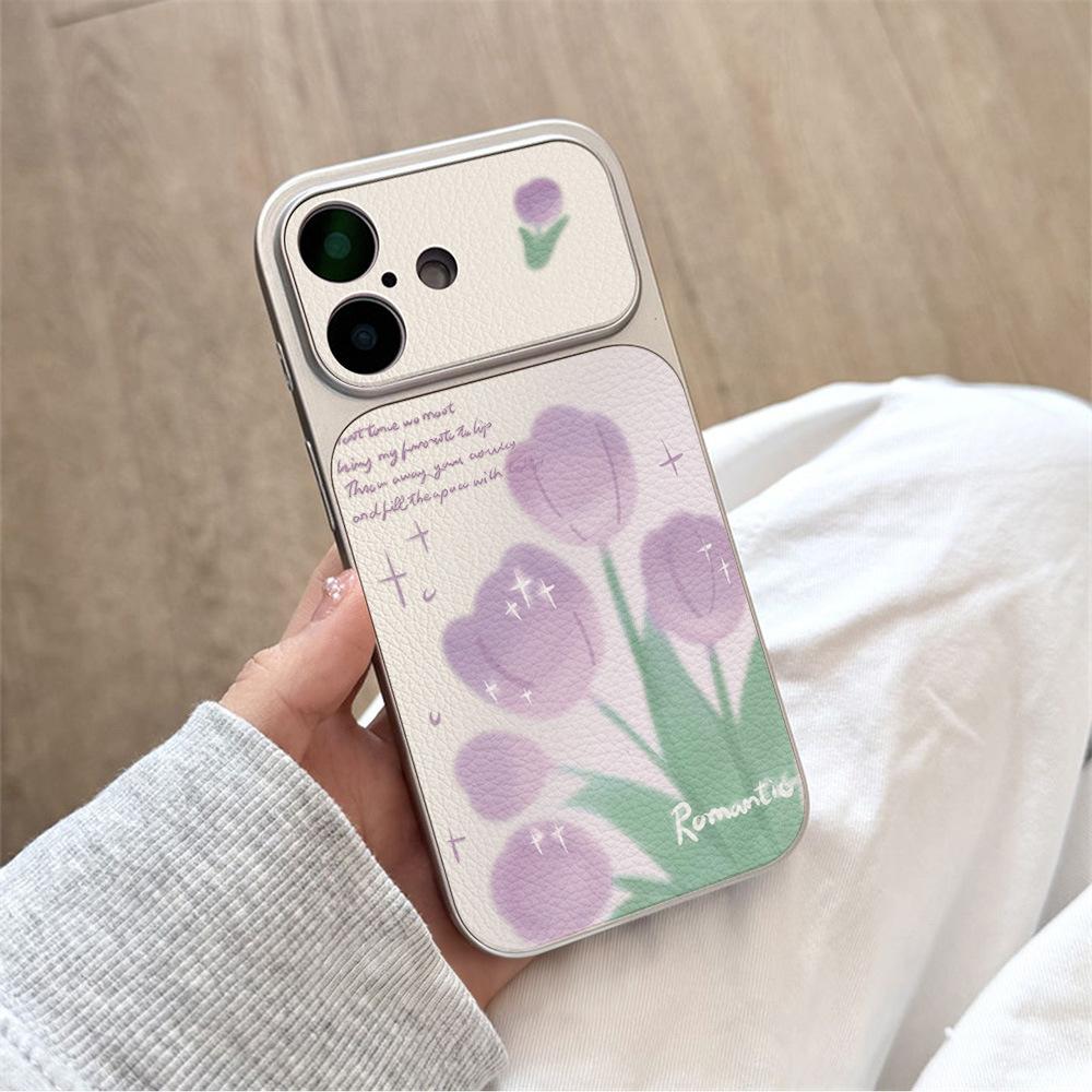 Ins Purple Tulip Is Suitable for Apple 17 Mobile Phone Case iPhone15promax All-inclusive 16Pro Leather Pattern Anti-drop.