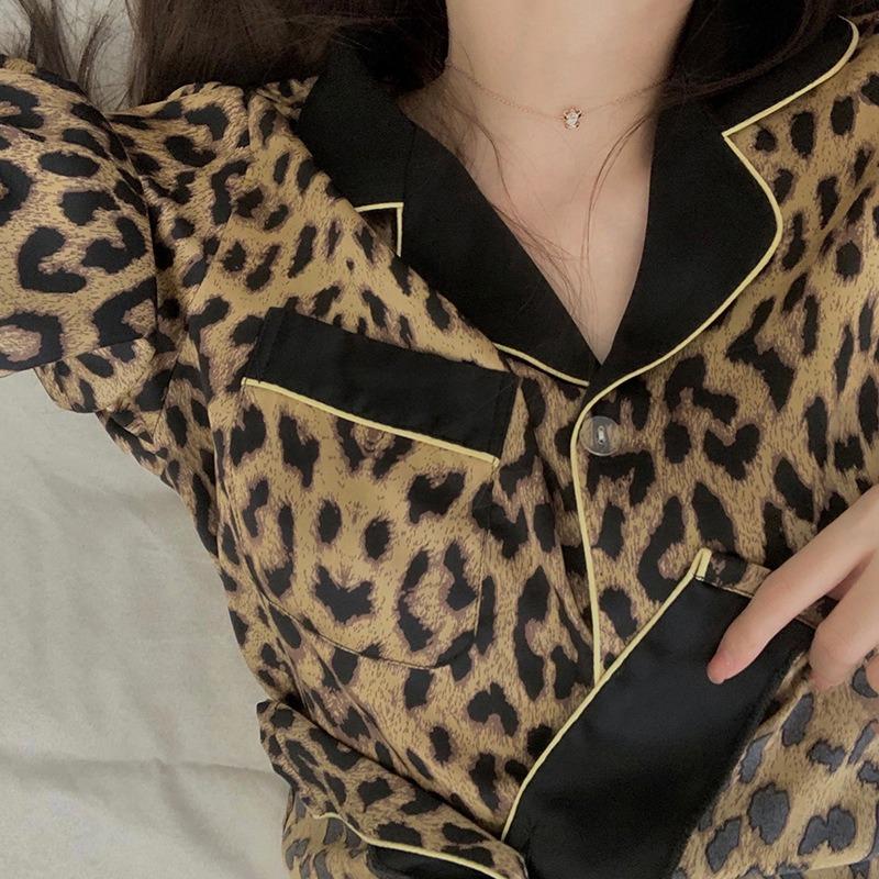 Pajamas Set Women's Fashion Leopard Print Long-Sleeved Sleepwear Loungewear Ladies Upscale Homewear