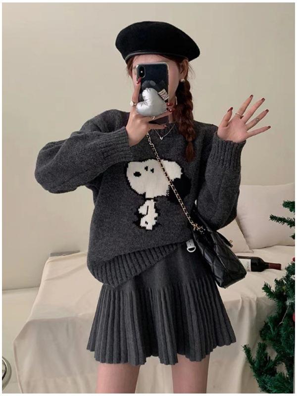Korean Style Deep Gray A-Line Knit Skirt: Slimming Tummy Support, Petite Pleated Design for Autumn and Winter.