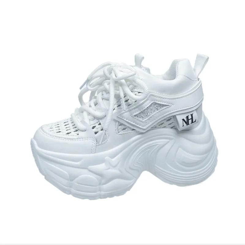 9CM New 2025 Chunky Leather Sneakers Summer Casual Vulcanized Shoes Woman High Platform Breathable Mesh Sneakers Sport Dad Shoes