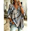 Plus Size - Women's Abstract Gold Line Print Oversized V-Neck Pullover, Bat Wing Short Sleeve Loose Shirt
