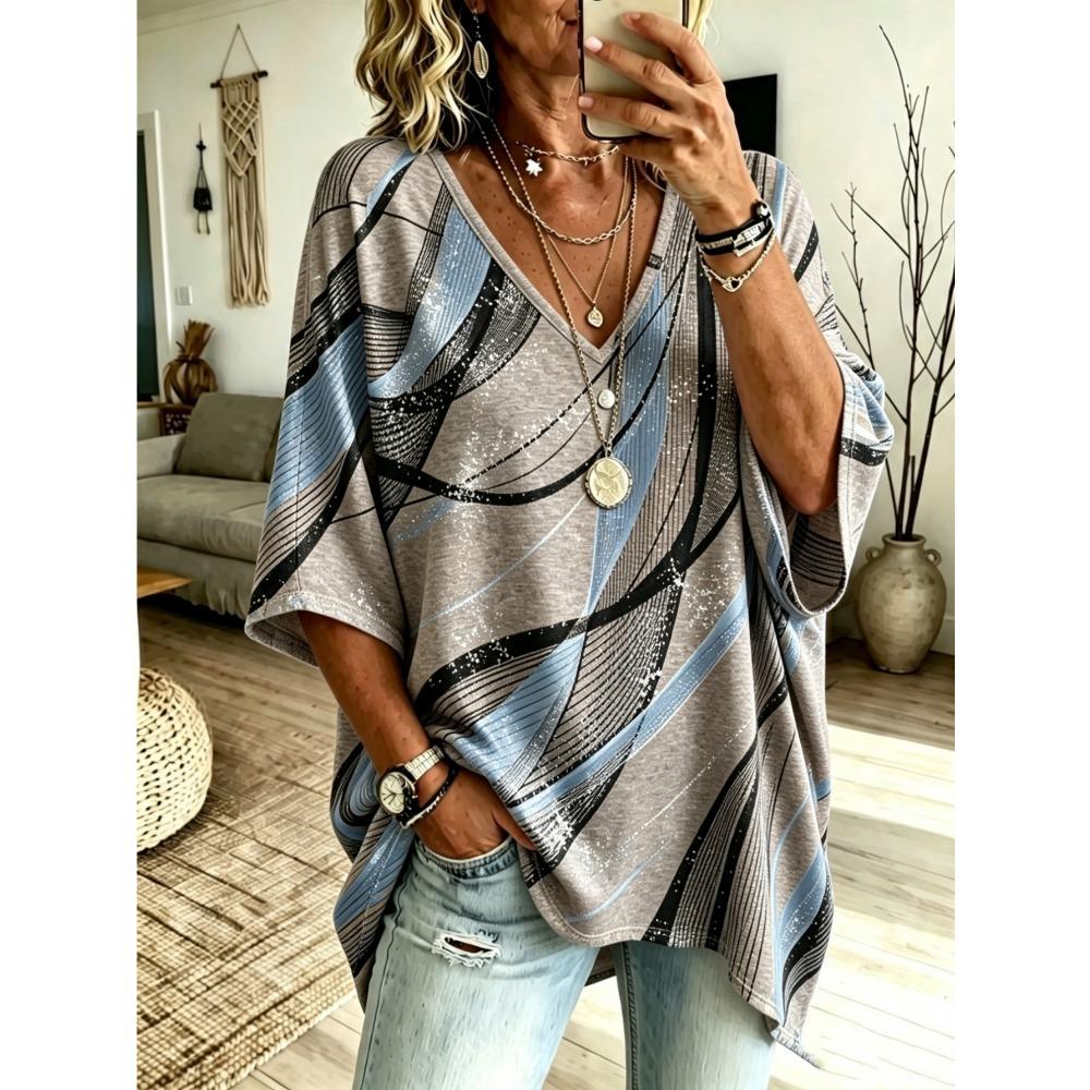 Plus Size - Women's Abstract Gold Line Print Oversized V-Neck Pullover, Bat Wing Short Sleeve Loose Shirt