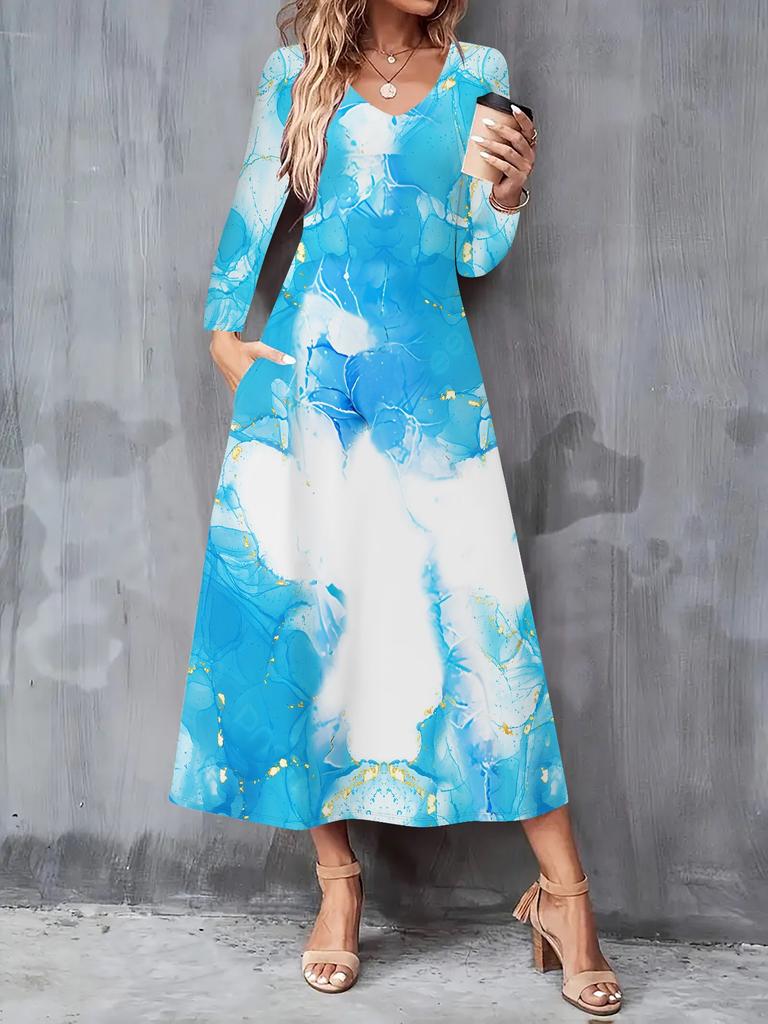 Rochie nouă de toamnă și iarnă 2025 pentru femei, casual, la modă, cu imprimeu geometric 3D, mâneci lungi, decolteu în V, rochii A-line