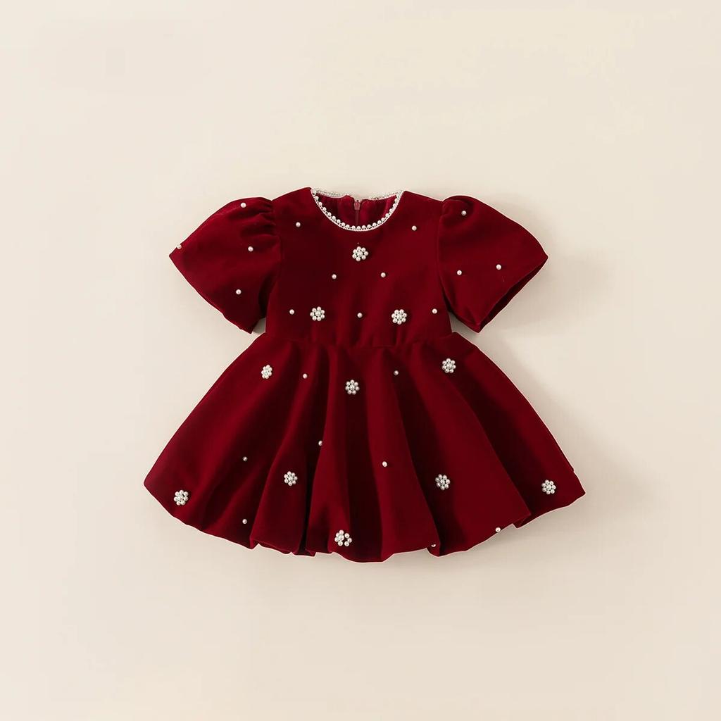 Children Clothing Girls Red Velvet Dress Christmas Party Flower