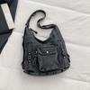 Denim Square Backpack Women Large Capacity Shoulder Bag Travel Tote With Zip Stitched Detail
