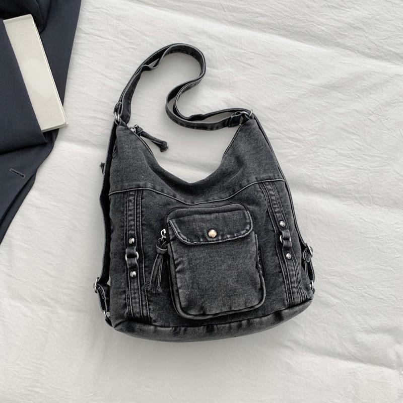 Denim Square Backpack Women Large Capacity Shoulder Bag Travel Tote With Zip Stitched Detail