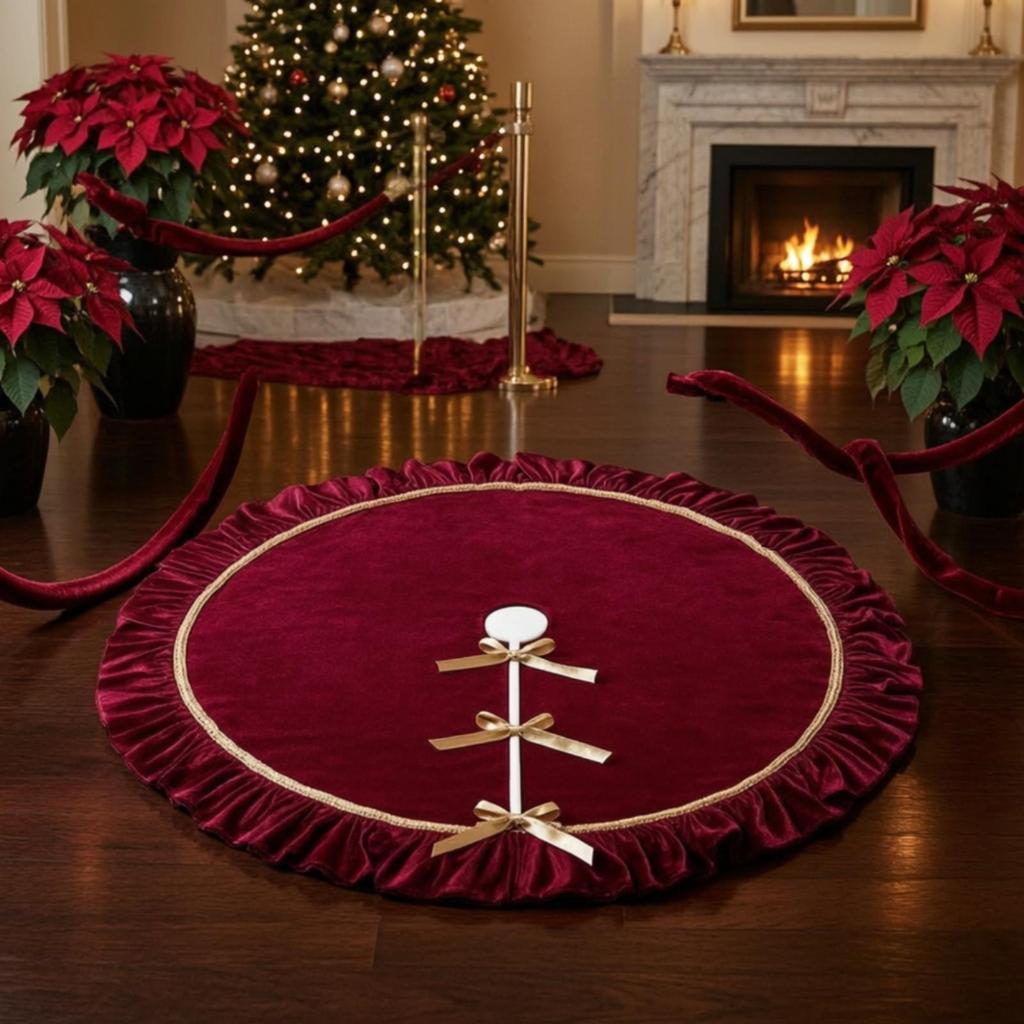 Christmas Tree Skirt with Gold Trim Ruched for Living Room, Hotel Lobby