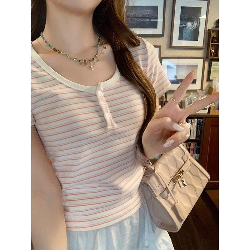 Blue and white striped short-sleeved right shoulder women's T-shirt spring and summer 2024 new chic niche design slim short top