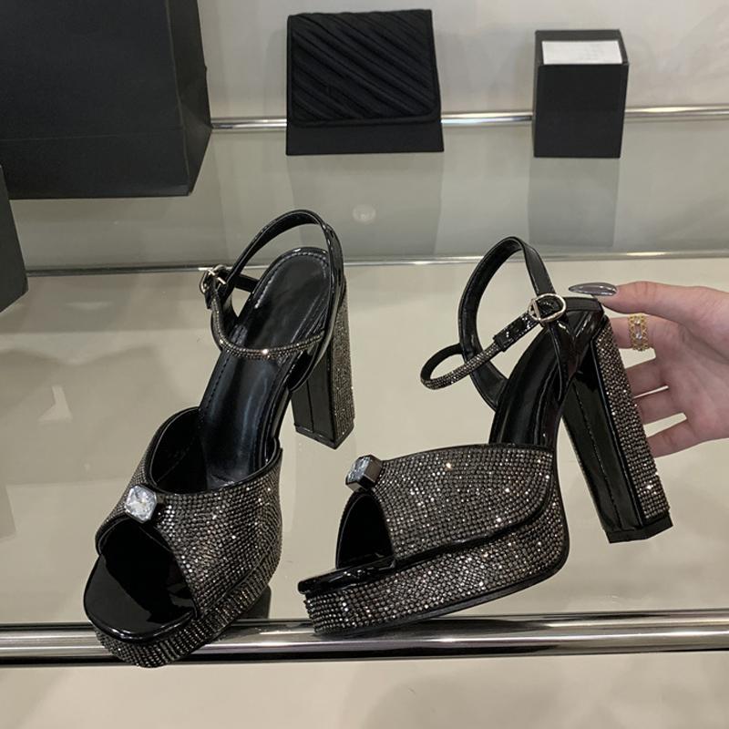 Fashion Liyke Elegant Woman Wedding Party Shoes Sexy Thick Bottom Square Toe Crystal Rhinestone High Heels Platform Sandals Women Silver