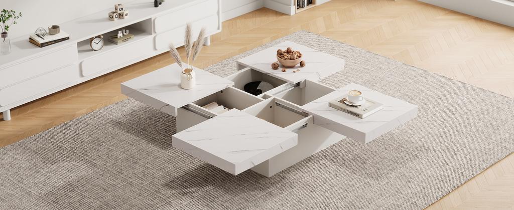 Table Basse Carrée Blanche Moderne Aspect Marbre, 90 x 90 x 25 cm – Quatre Tiroirs, Plateau Coulissant, Capacité de Charge jusqu'à 30 kg