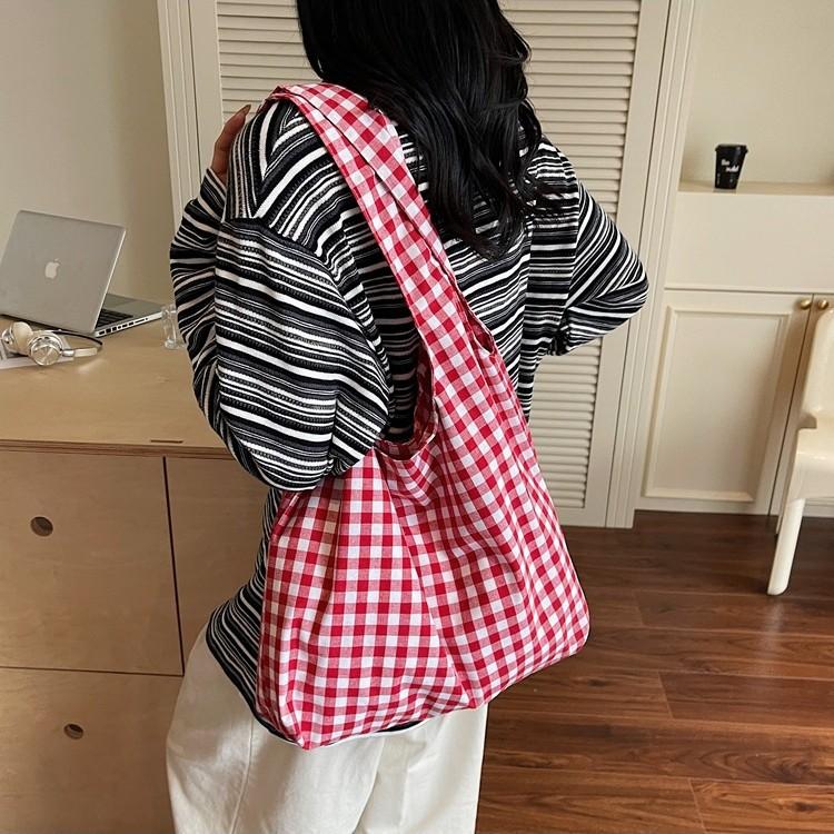 Plaid Canvas Bag Women's Large-capacity New Summer Versatile Shoulder Shopping Bag College Student Tote Bag