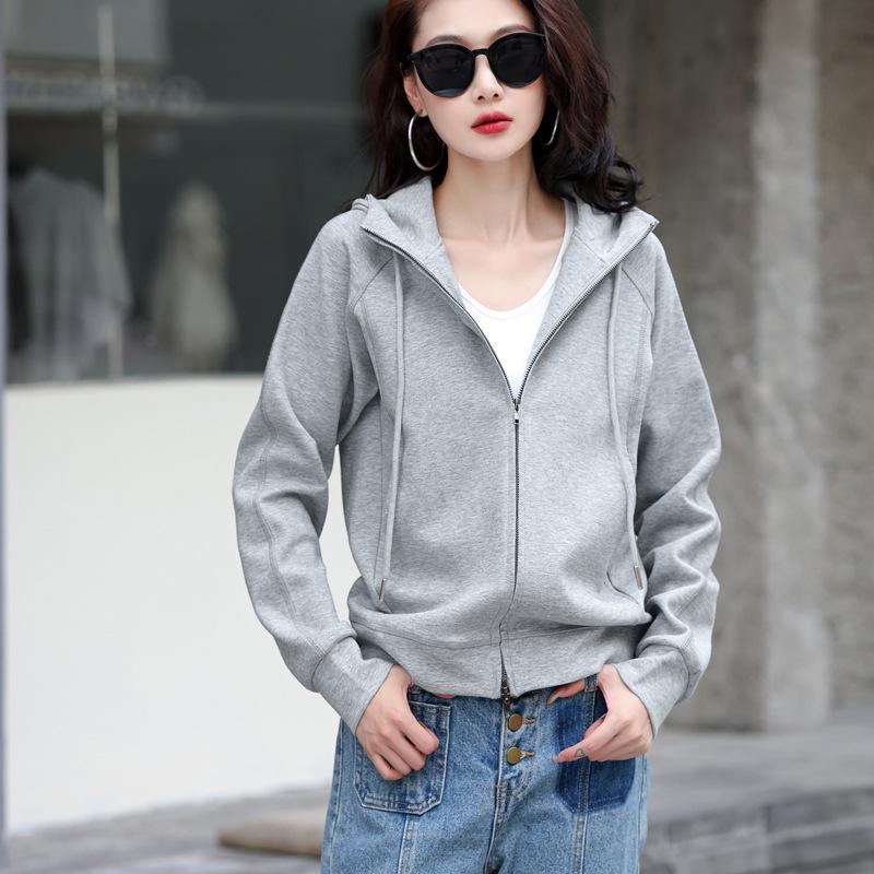 Grauer Damen-Cardigan-Hoodie mit doppeltem Reißverschluss, schwere Qualität - Sportlicher koreanischer Stil, Langarm, Frühjahr/Herbst Kollektion 2025.