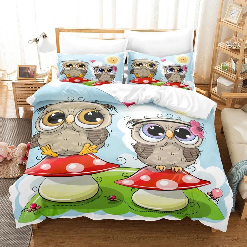Cartoon Owl Bedding Sets Soft Bed Cover Comforter Duvet Cover Pillow Case 2-3 Pieces Sets Teenagers Children's Gifts Room Decor