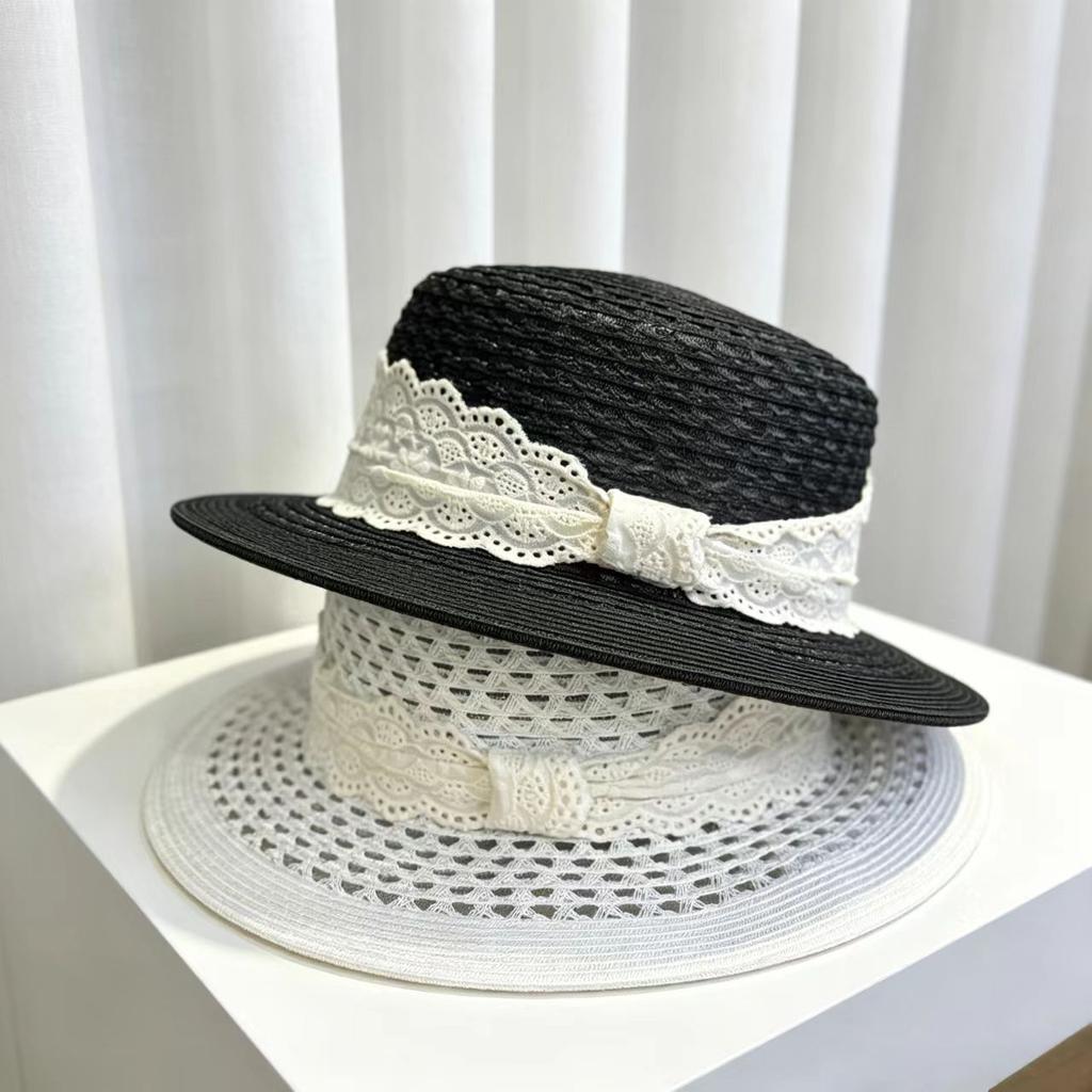 French Hepburn Bow Flat Top Straw Hat Women's Summer Seaside Vacation Sun Hat Small Beach Sun Hat