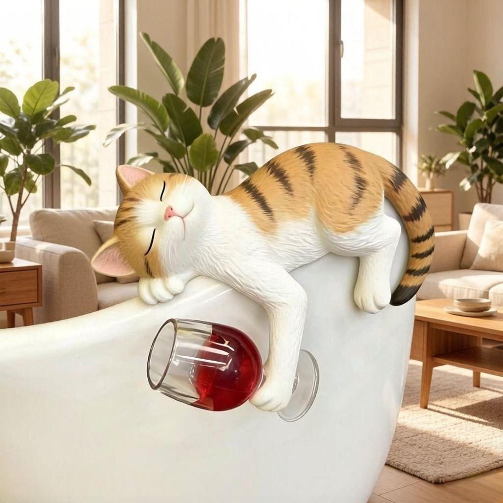 Realistic Cats Holding Red Wine Glass Statue Waterproof Cat Ornament Lying Kitty Ornament Patio