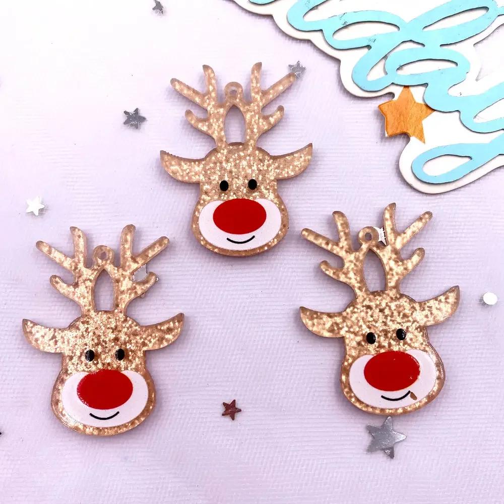 6 STÜCKE Bunt Glitzernd Goldener Weihnachts Hirschkopf Flache Rückseite Acrylplatte Miniaturmuster Applikation DIY Schmuckdekor Kunsthandwerk