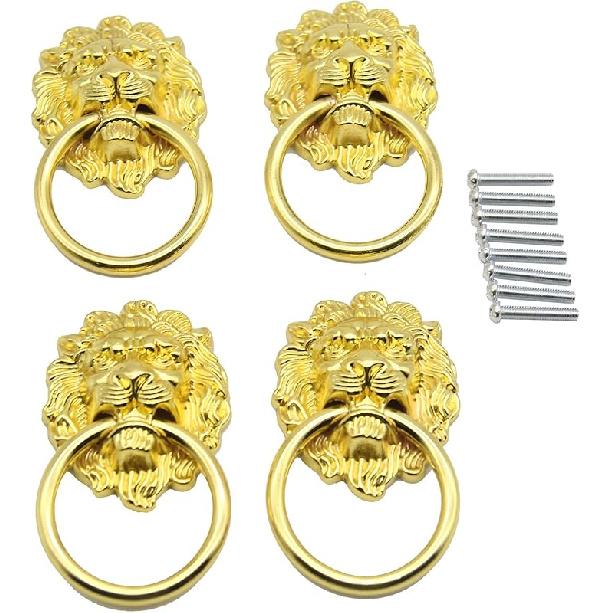 4 Pcs Vintage Lion Head Knobs Pulls Handles Antique Drawer Pull Ring Single Hole Decorative Hardware with Screws for Furniture Cabinet Cupboard Hand