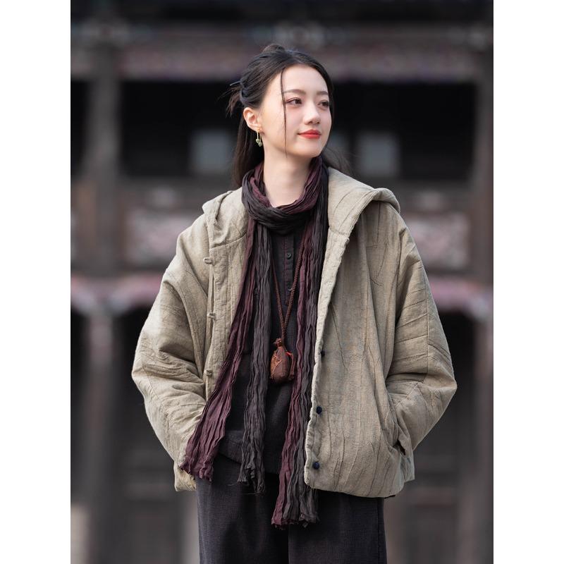 

25 зимний рами ручной работы тай-дай жареный цвет старый дзен странствующий ветер хлопок и лен женский короткий хлопковый пуховик с капюшоном One size