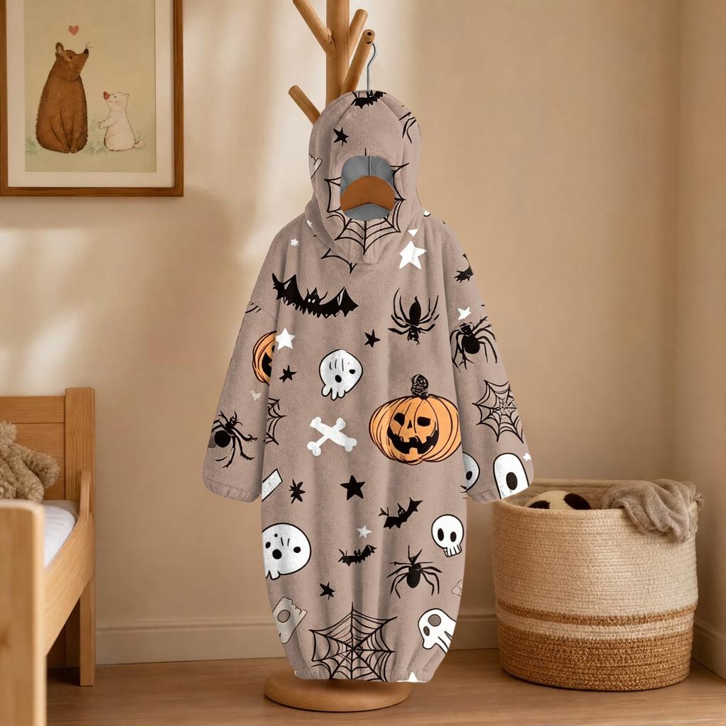 Kids Halloween Printed Flannel Romper Pajama Set for Fun Holiday Sleepwear