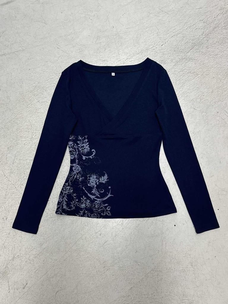 Elegantní podzimní retro květinový top s véčkem, úzkého střihu, s dlouhým rukávem pro ženy