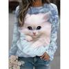 New cute cat 3D printed women's fashionable round neck long sleeved T-shirt