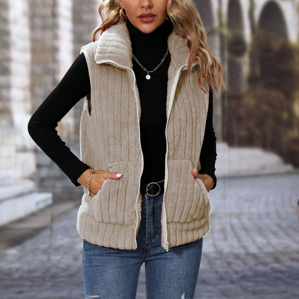 GMXIA Shimmering Fashion Autumn Women's Lapel Sleeveless Loose Striped Zipper Plush Casual Vest Coat