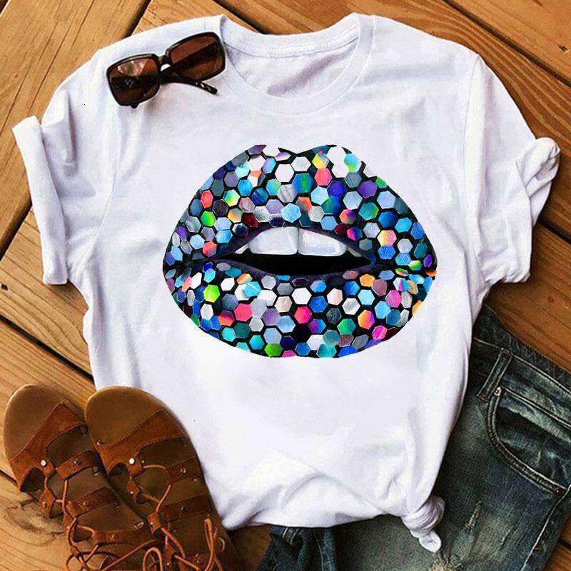 Lippen Reine Baumwolle Bedruckt Unisex und Damen Modetrend T-Shirt Sommer Neu Personalisiert Rundhals Locker Lässig T-Shirt