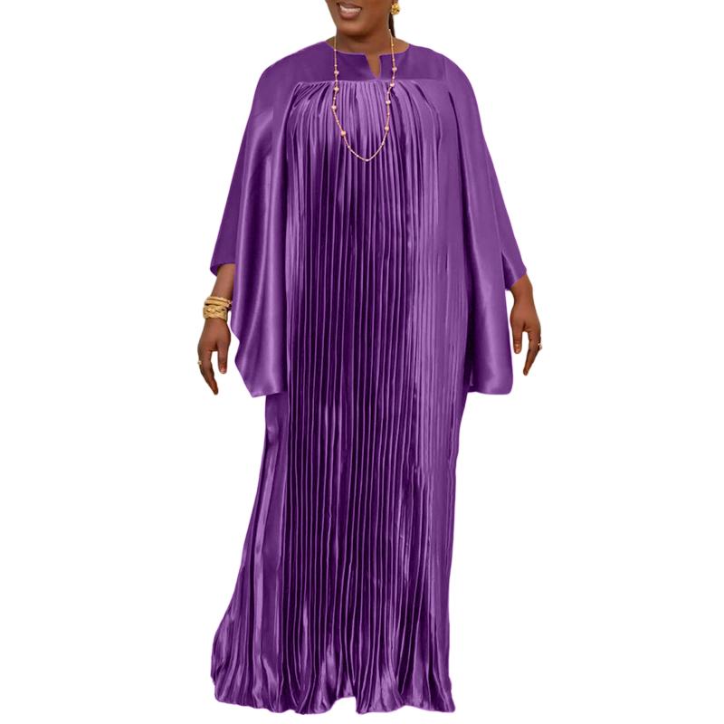 Women O Neck Batwing Sleeve Pleating Casual Long Oversized Dress Robes
