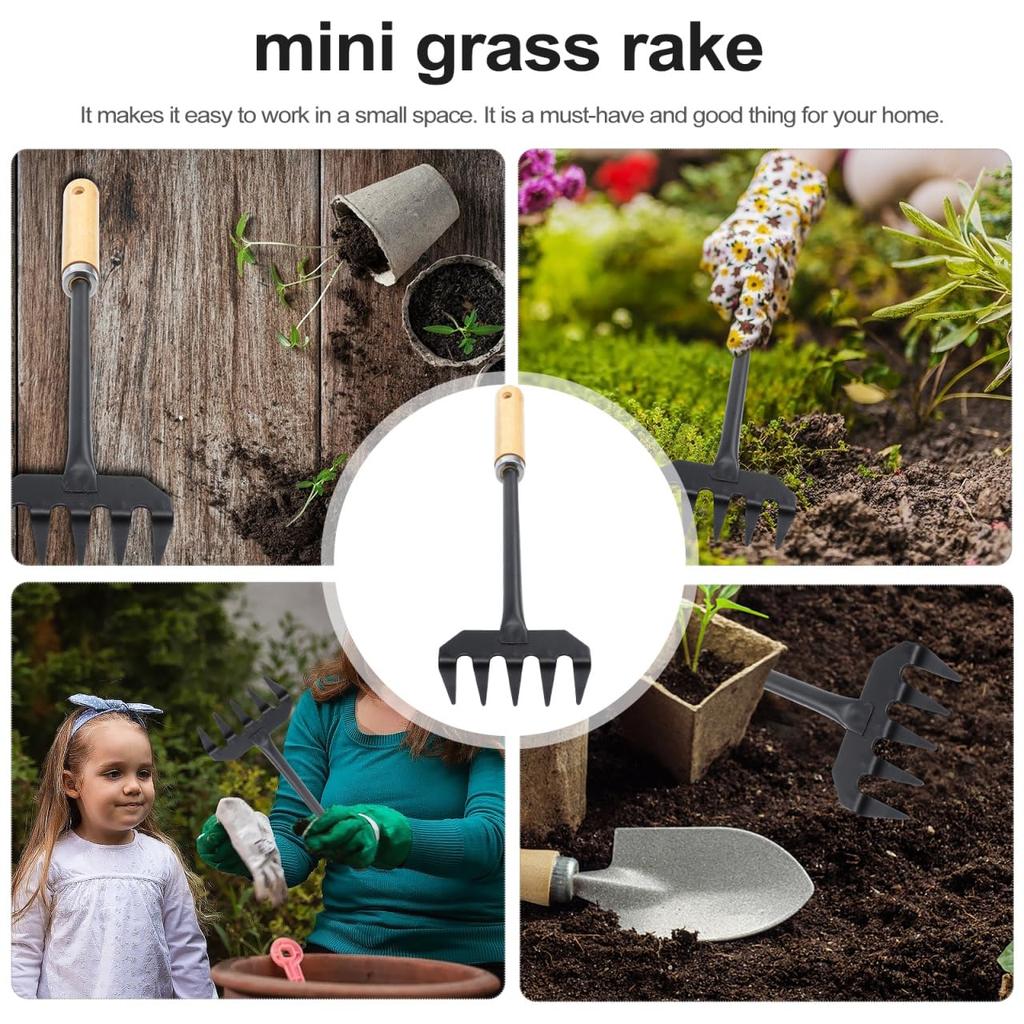 Lurrose 32cm Mini Iron Garden Rake with 5 for Loosening Soil and Mixing Gardening Hand Tool Teeth, Fertilizer,