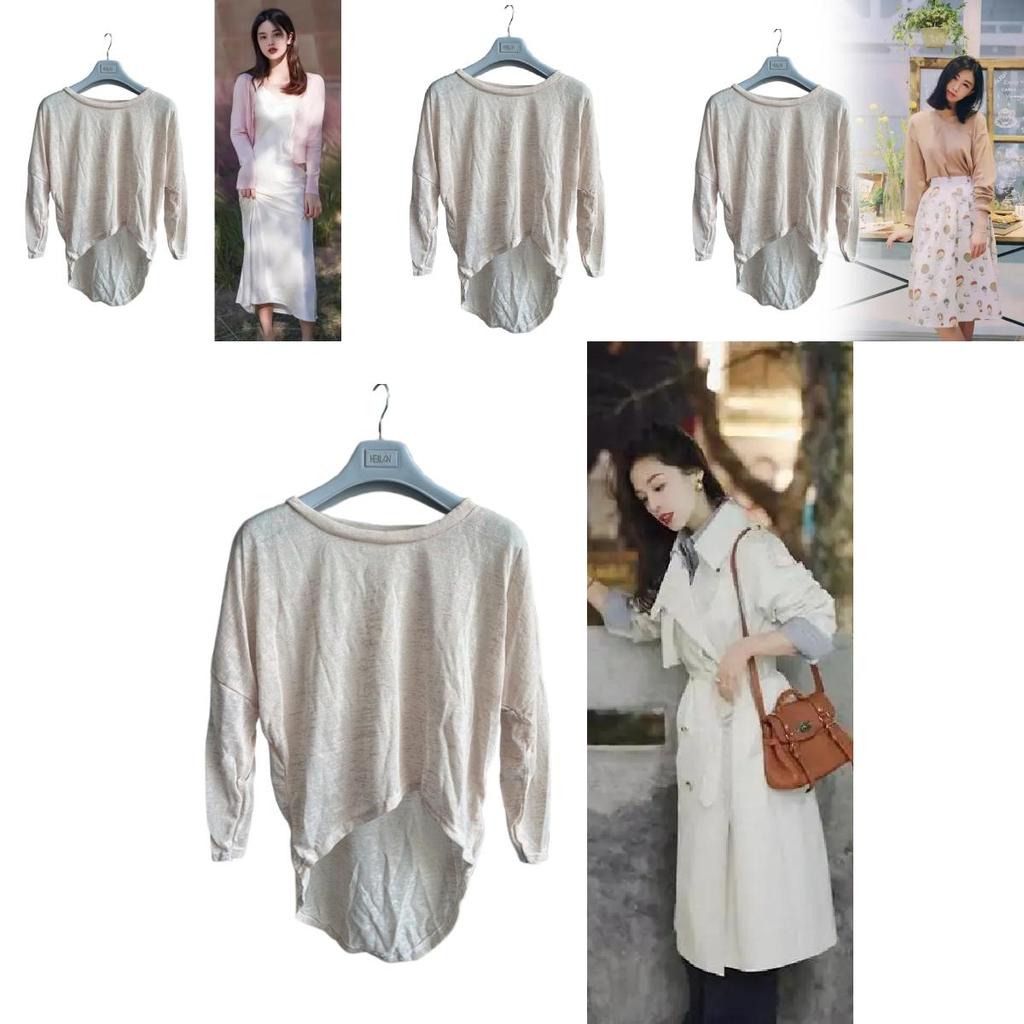 T-shirt Casual da Donna in Cotone a Maniche Lunghe con Vestibilità Larga e Orlo Curvo
