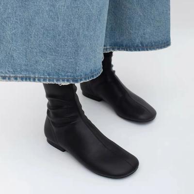 Damen Leder Schnee Wadenhohe Stiefel Flats Winterschuhe Frau 2024 Trend Mode Chelsea Boots Walking Goth Neu Mujer Kurze Stiefel