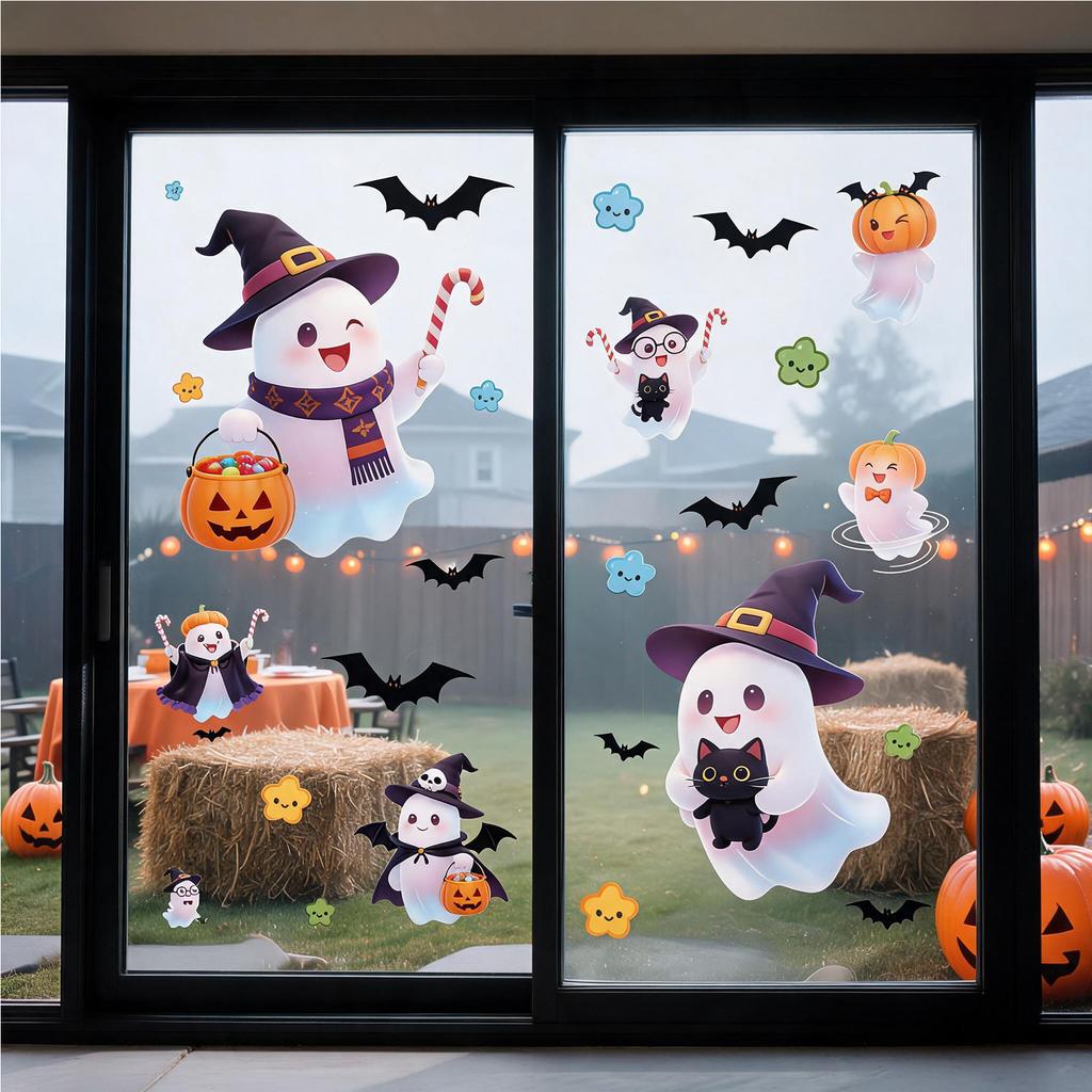 Halloween Decorations Ghost Pumpkin Static Stickers Halloween Cute Cartoon Bat Spider Glass Stickers