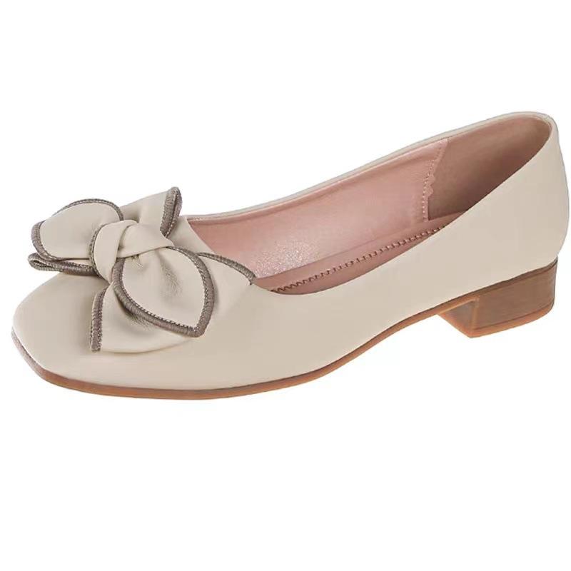 Niche Bow Square Head Shallow Mouth Single Shoes Women's Spring and Autumn New Pregnant Women Ladyshoes Flat Shoes