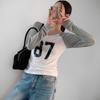 New Arrivals Open Run Women VinTage PrinTing Color Block Raglan Long Sleeve T Sh