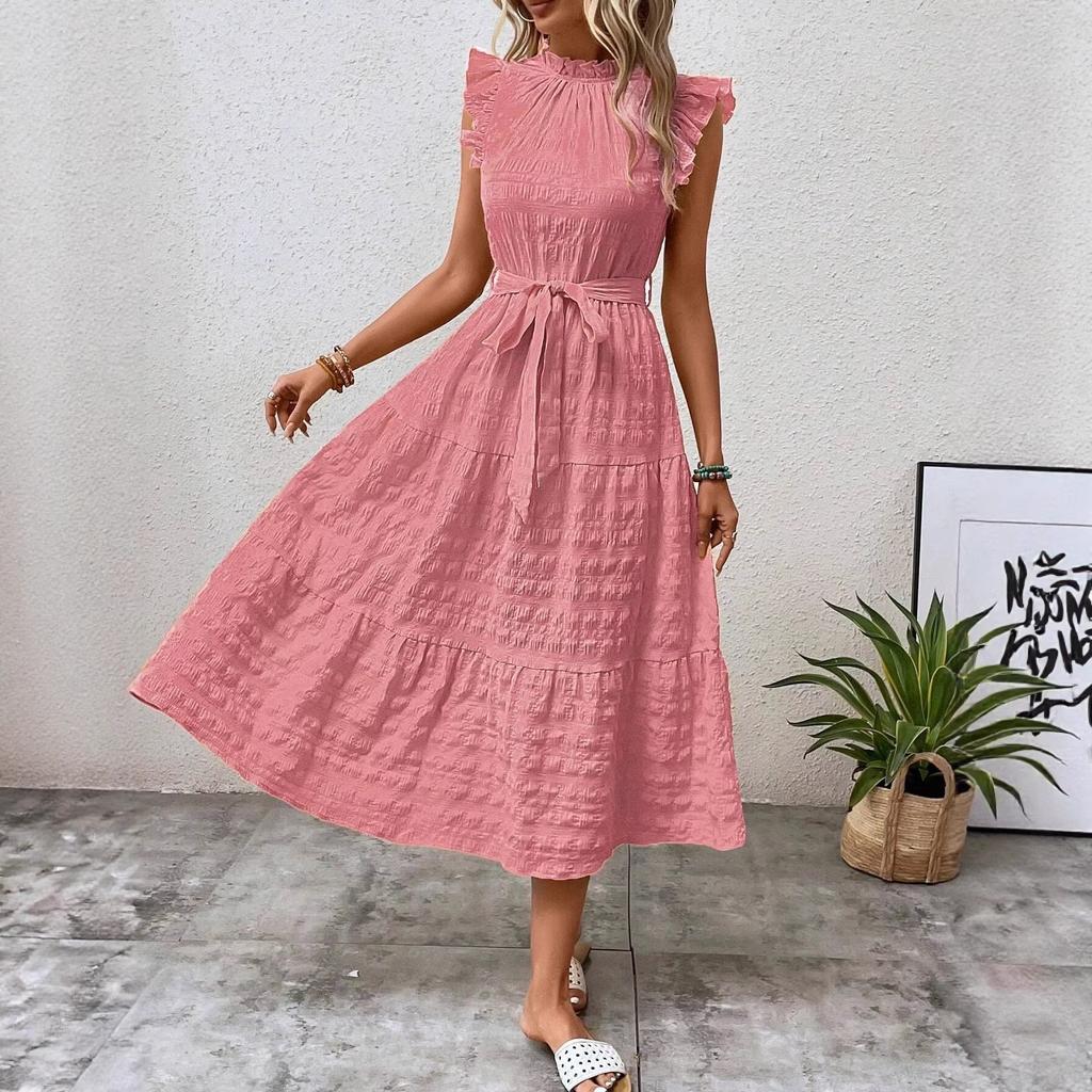 2026 European and American Women's Clothing Summer New Fashion Fungus Edge Flying Sleeves Lace Texture Dress
