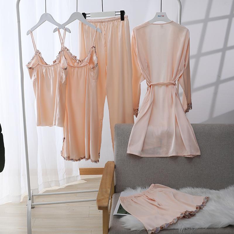 Pajamas women's summer ice silk thin sexy lace suspender nightgown spring and autumn nightgown five-piece silk loungewear